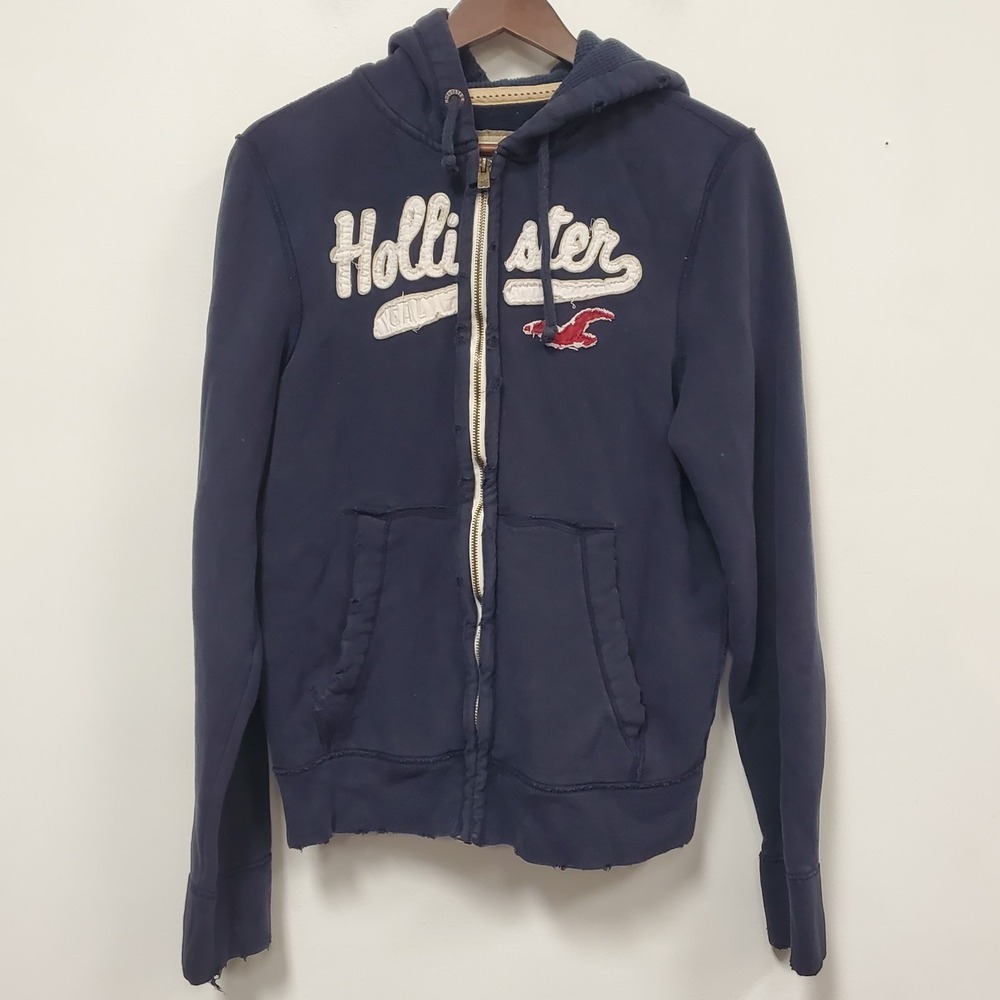 Hollister Mens Vtg Y2K Thick Zip Hoodie Size M Distressed Waffle Hood Blue‎ Logo